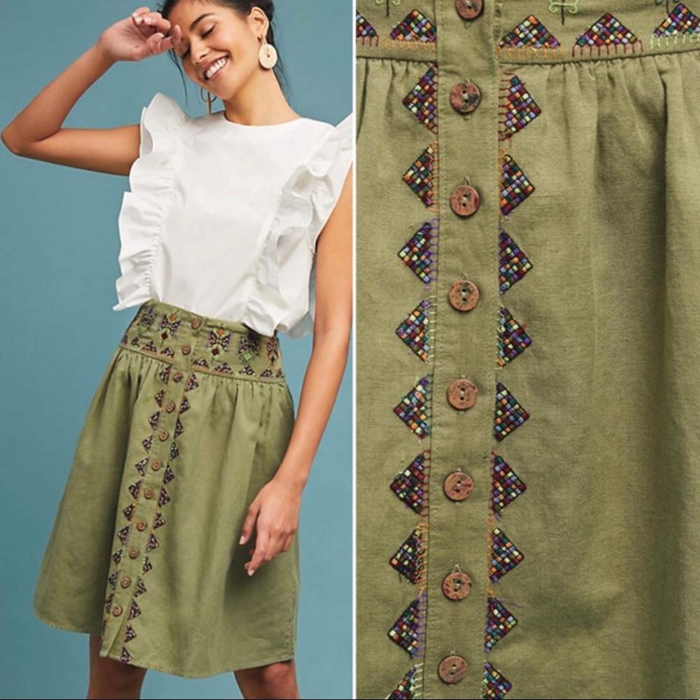 Maeve Anthropologie Green embroidered skirt
